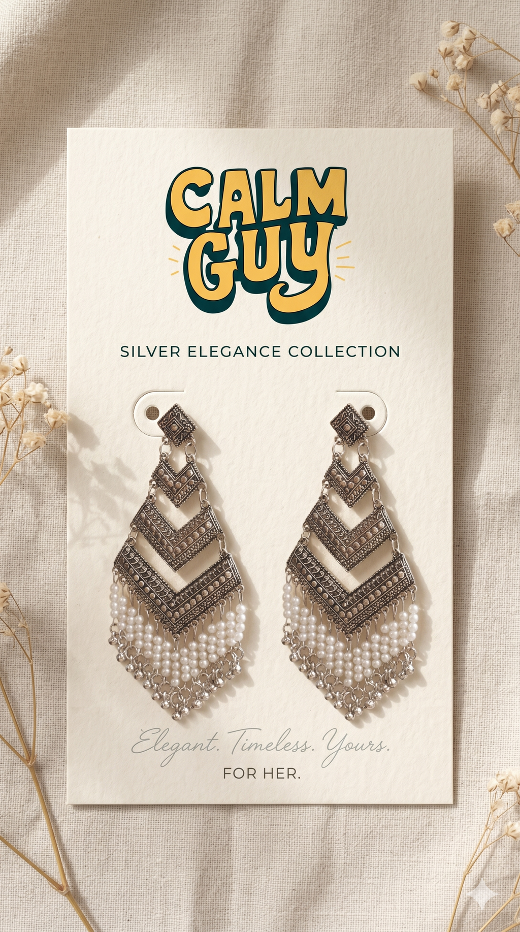 Calm Guy Silver-Plated Geometric Chevron Earrings with Pearl Drops