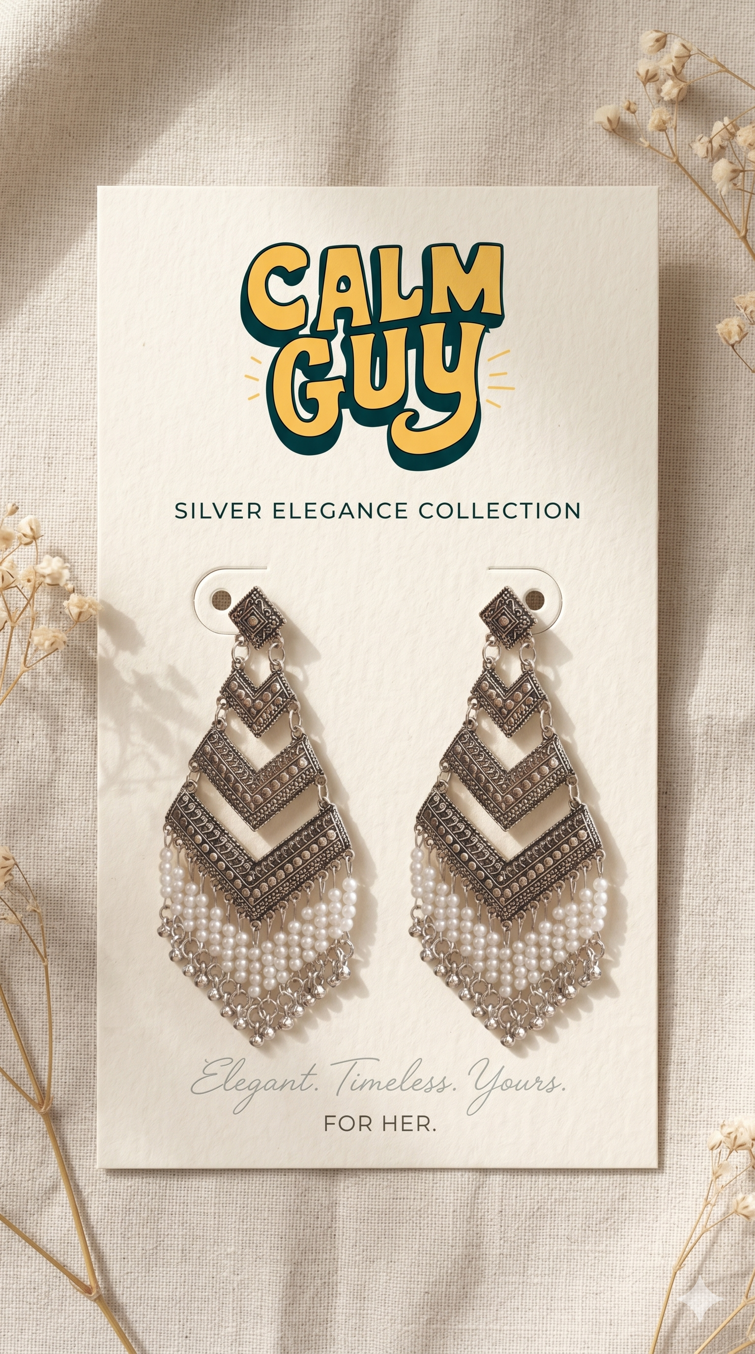 Calm Guy Silver-Plated Geometric Chevron Earrings with Pearl Drops