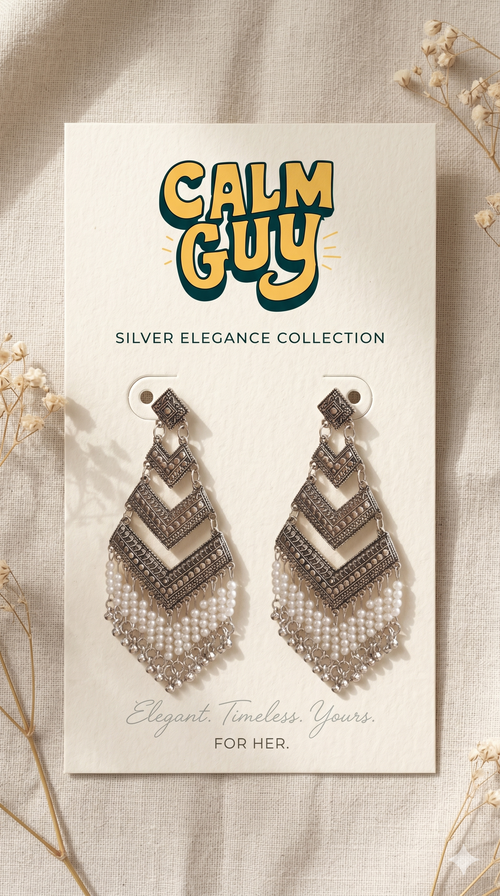 Calm Guy Silver-Plated Geometric Chevron Earrings with Pearl Drops