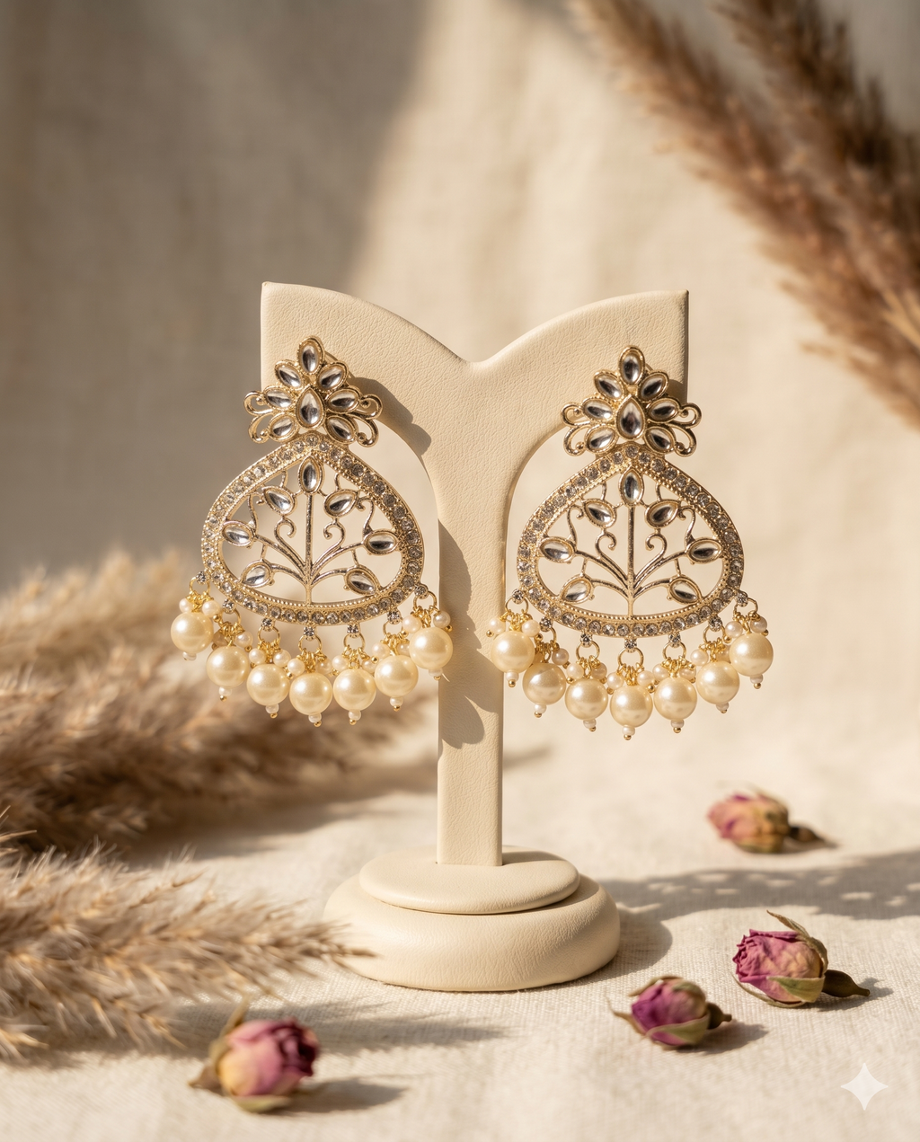 Gold-Plated Kundan Chandbali Earrings with Pearl Drops, Traditional Indian Ethnic Jewelry for Women, Bollywood Style Festive Wedding Jhumka Earrings