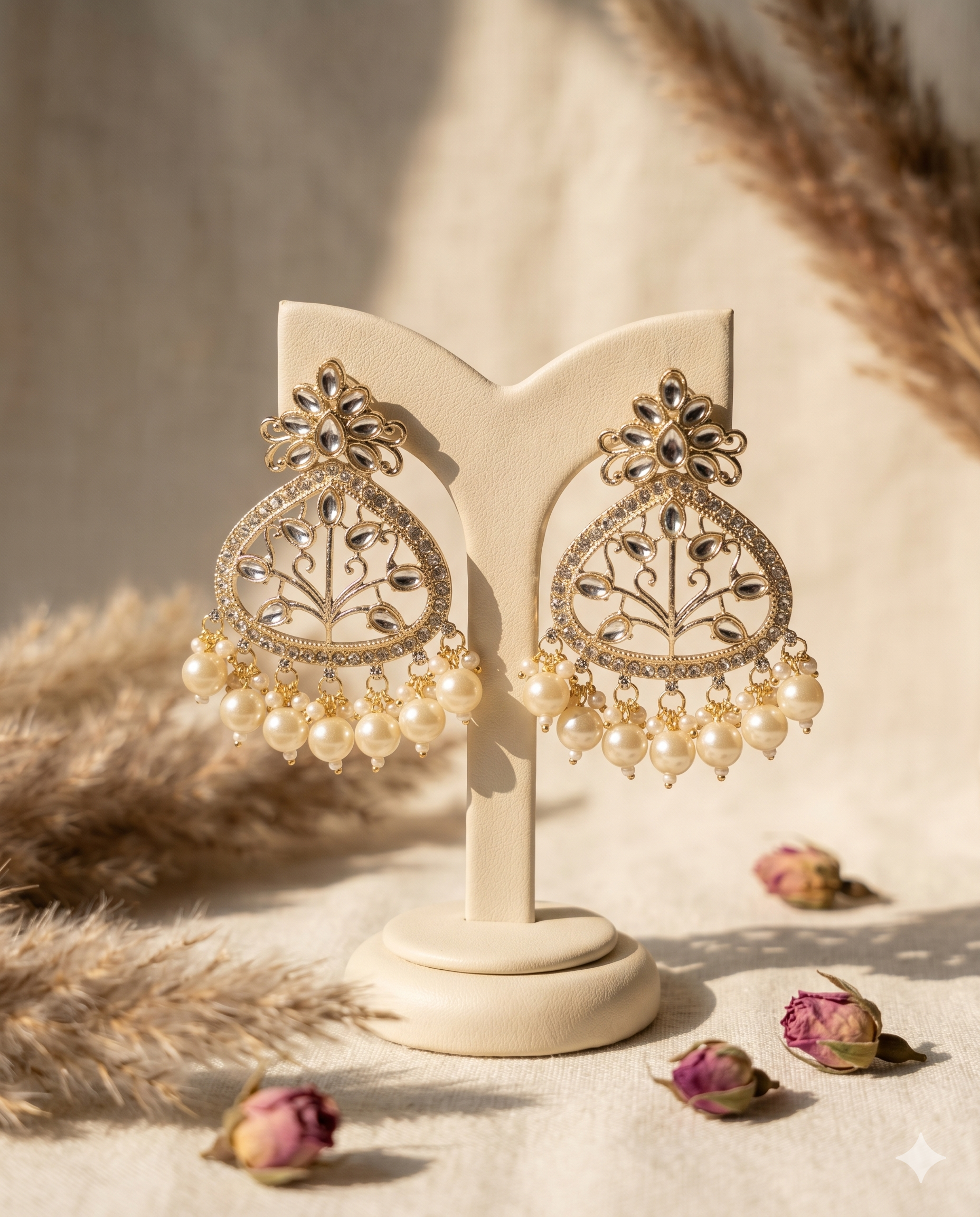 Gold-Plated Kundan Chandbali Earrings with Pearl Drops, Traditional Indian Ethnic Jewelry for Women, Bollywood Style Festive Wedding Jhumka Earrings