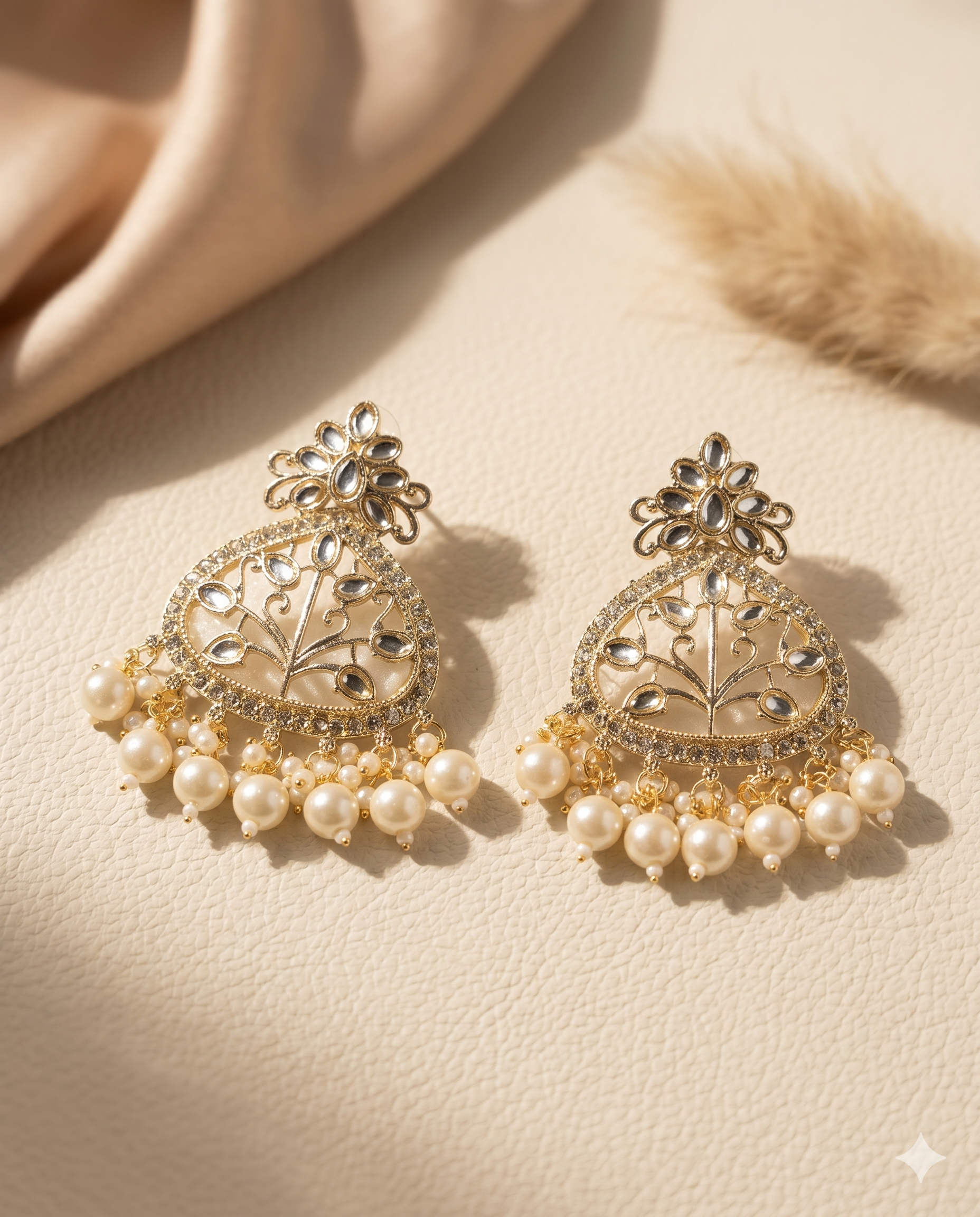 Gold-Plated Kundan Chandbali Earrings with Pearl Drops, Traditional Indian Ethnic Jewelry for Women, Bollywood Style Festive Wedding Jhumka Earrings