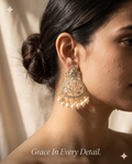 Gold-Plated Kundan Chandbali Earrings with Pearl Drops, Traditional Indian Ethnic Jewelry for Women, Bollywood Style Festive Wedding Jhumka Earrings