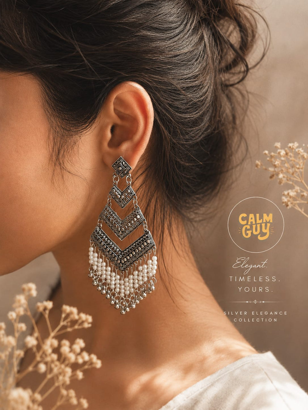 Calm Guy Silver-Plated Geometric Chevron Earrings with Pearl Drops